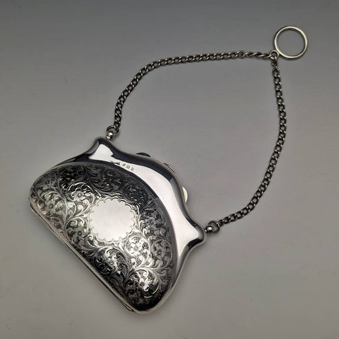 1907 British antique sterling silver purse with chain Thomas Bishton